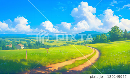 空と雲と未舗装の道路の風景、アニメ風 129249955