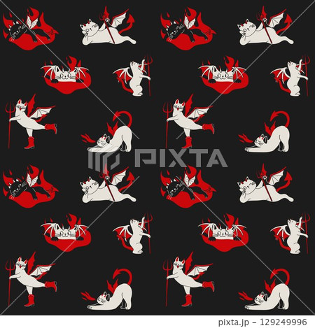 Seamless Pattern with Cartoon devil cats with horns wings tails and pitchforks in red black and white colors with fire and fantasy elements 129249996
