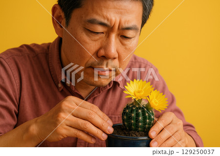 Middle aged man gently caring for blooming cactus in a pot against a vibrant yellow background, focused and attentive, AI Generative 129250037