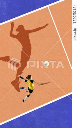 Digital collage of female volleyball player in mid-air serve with strong shadow on court 129250124