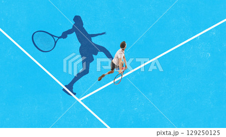 Bold poster of tennis player in white outfit casting large motion-filled shadow on blue court 129250125