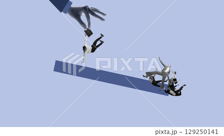 Digital collage of hand dropping businessman as team collapses below Digital collage of hand dropping businessman as team collapses below 129250141