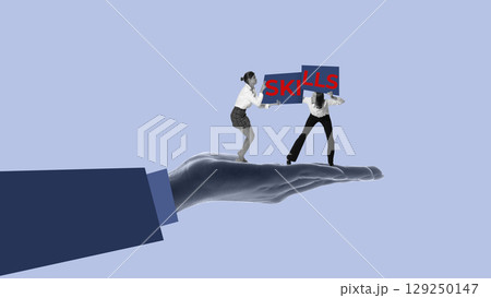 Minimalist pop art collage of two women balancing word SKILLS while standing on giant hand 129250147