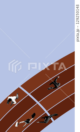 Contemporary collage of businesspeople running on race track with briefcases Contemporary collage of businesspeople running on race track with briefcases 129250148
