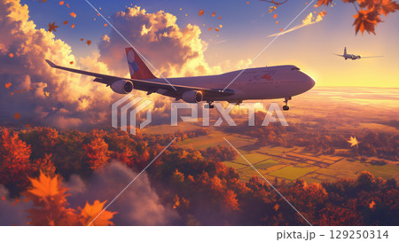 秋の紅葉と飛行機、アニメ風 129250314