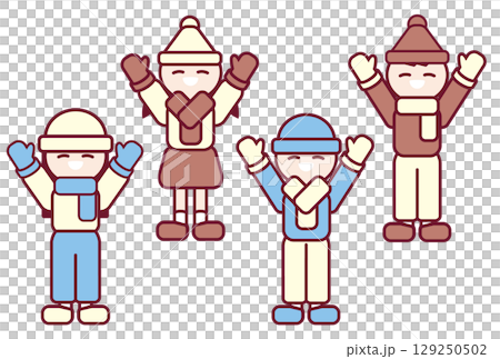 Children wearing hats and scarves to protect themselves from the cold 129250502