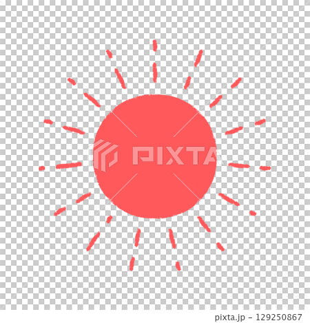 Hand-drawn simple chalk drawing of a red sun - round text space and decorative parts 129250867