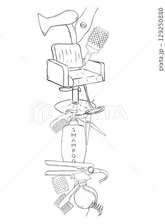 Hairdressing tools Salon seamless vertical border. Vector graphic line ink illustration. Hair salon accessories outline, hair dryer, comb, scissors and abstraction. Hairdressing tools Salon seamless vertical border. Vector graphic line ink illustration. Hair salon accessories outline, hair dryer, comb, scissors and abstraction. 129250880
