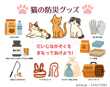 猫の防災グッズのベクターイラストセット【茶トラとスコティッシュと三毛猫セット】 129251061