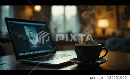 Working or relaxing at home with coffee and laptop 129251066