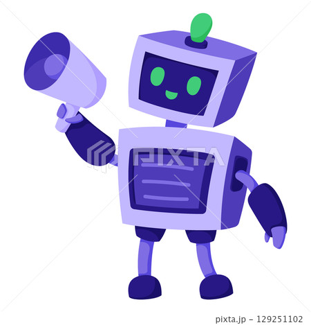 Friendly AI mascot robot with square head and green antenna. Purple android with smiling face, bright green eyes, and holding a megaphone in one hand Friendly AI mascot robot with square head and green antenna. Purple android with smiling face, bright green eyes, and holding a megaphone in one hand 129251102