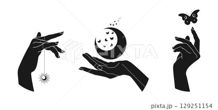 Hands with celestial elements. Crescent moon, sun and magical butterflies. Vector illustration Hands with celestial elements. Crescent moon, sun and magical butterflies. Vector illustration 129251154