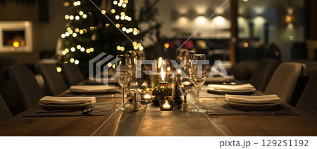 Festive Christmas dinner table with candles 129251192