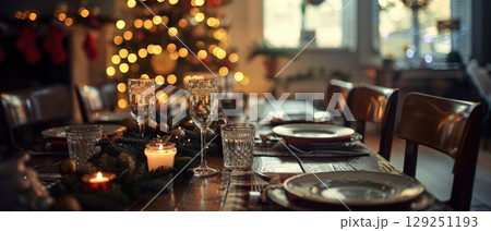 Festive Christmas dinner table with candles 129251193