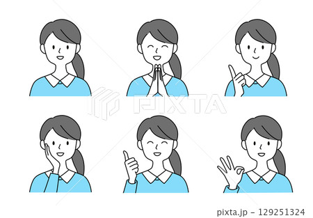さまざまなジェスチャーでポジティブな感情を表現するポニーテールの女性セットイラスト 129251324