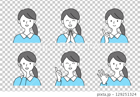 一組綁著馬尾的女人用各種手勢表達正面情緒的插圖 129251324