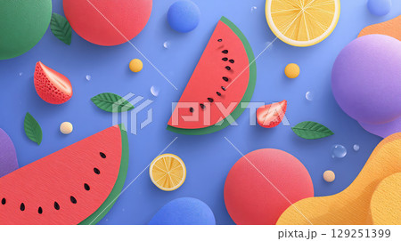 スイカと柑橘フルーツのカラフル夏背景 スイカと柑橘フルーツのカラフル夏背景 129251399