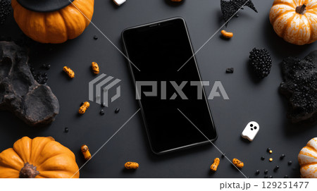 Mockup of smartphone with plain black screen in Halloween theme background. Product advertising template in minimal style with copy space for Text. Dark color tone. 129251477
