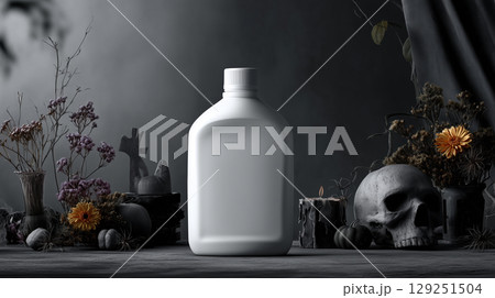 Mockup of white plain detergent bottle in Halloween theme background. Product advertising template in minimal style with copy space for Text. Dark color tone. Mockup of white plain detergent bottle in Halloween theme background. Product advertising template in minimal style with copy space for Text. Dark color tone. 129251504