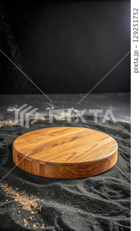 a stand for a product made of wood on a background of black sand 129251752