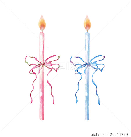 A pair of Baby Shower candles in pink and blue, hand-drawn. Watercolor illustration of candles with ribbons for making postcards and invitations. The template is isolated on a white background. 129251759
