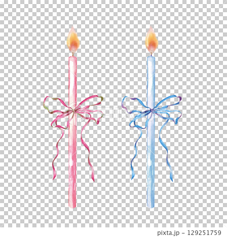 A pair of Baby Shower candles in pink and blue, hand-drawn. Watercolor illustration of candles with ribbons for making postcards and invitations. The template is isolated on a white background. 129251759
