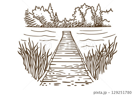 Wooden pier leading to calm lake with reeds and trees tranquil nature landscape, peaceful outdoor scene, AI Generative 129251780