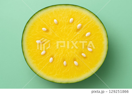Vibrant yellow watermelon half with seeds arranged in a circle on a pastel green background, showcasing fresh summer fruit, AI Generative 129251866