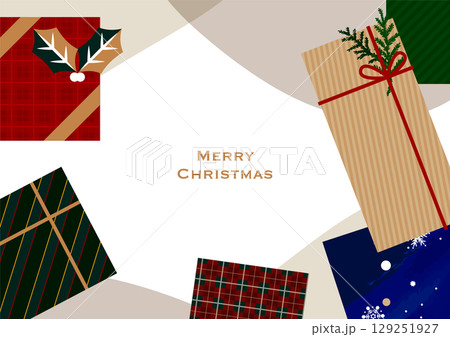 クリスマス・ホリデーのイラスト素材。たくさんのプレゼントボックスの背景素材のイラスト。バナー、フレー 129251927