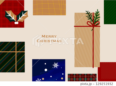 クリスマス・ホリデーのイラスト素材。たくさんのプレゼントボックスの背景素材のイラスト。バナー、フレー 129251932