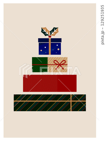 クリスマスのイラスト素材。クリスマスツリーの様に積み上げられたギフトボックス。背景素材。 クリスマスのイラスト素材。クリスマスツリーの様に積み上げられたギフトボックス。背景素材。 129251935