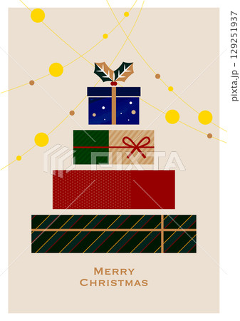 クリスマスのイラスト素材。クリスマスツリーの様に積み上げられたギフトボックス。背景素材。 クリスマスのイラスト素材。クリスマスツリーの様に積み上げられたギフトボックス。背景素材。 129251937