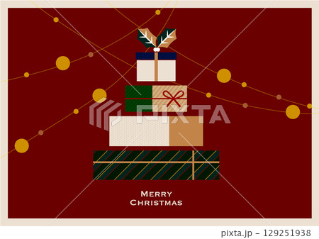 クリスマスのイラスト素材。クリスマスツリーの様に積み上げられたギフトボックス。背景素材。 129251938