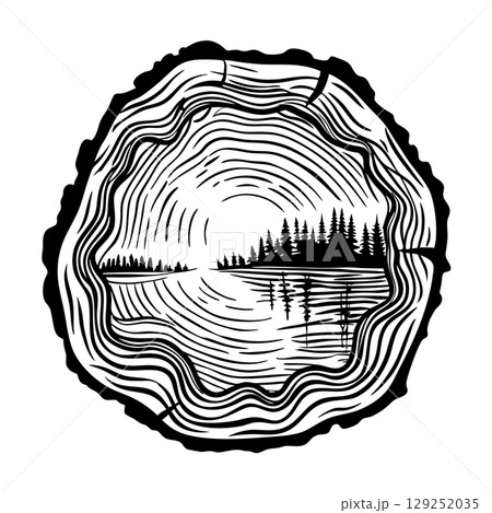 Tree ring cross section with scenic forest landscape and lake reflection, nature illustration concept, AI Generative 129252035