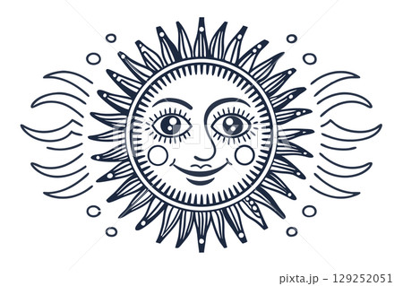 Smiling sun face with decorative rays and whimsical wavy lines celestial vintage illustration, bohemian motif, AI Generative 129252051