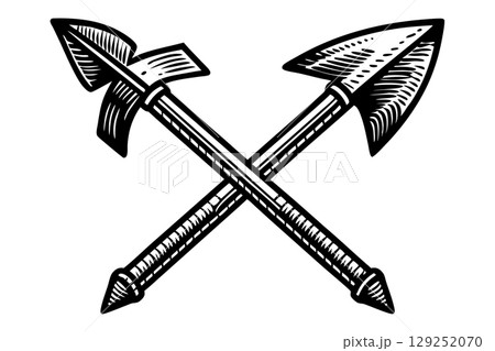 Crossed spears illustration hand drawn ancient weapons, vintage tribal war tools, black and white ink sketch, AI Generative 129252070