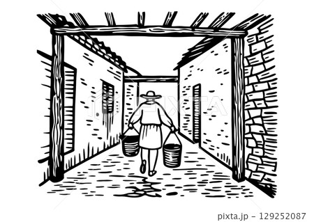 Woman carrying water buckets in rural village alley hand drawn sketch, traditional countryside lifestyle scene, AI Generative 129252087