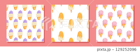 Set of ice cream patterns with pastel cones and summer colors 129252096