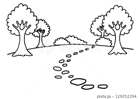 Winding path with footprints through forest landscape simple outline trees, bushes, stones in natural environment, AI Generative 129252204
