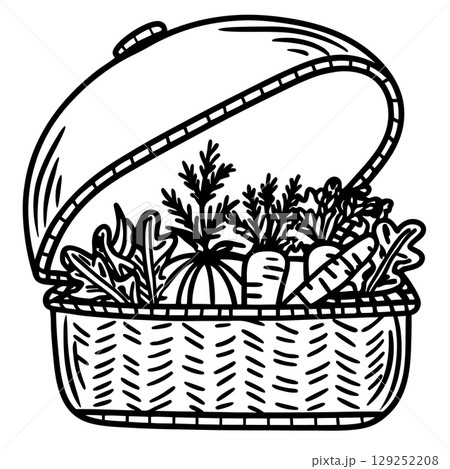 Hand drawn picnic basket filled with fresh vegetables carrots, pumpkin, leafy greens, healthy organic meal, AI Generative 129252208