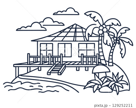 Tropical beach bungalow outline, palm trees and ocean waves relaxation paradise, vacation getaway illustration, AI Generative 129252211