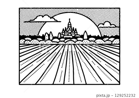 Sunrise over distant temple and rural farmland geometric landscape, agricultural field, nature horizon scene, AI Generative 129252232