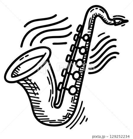 Hand drawn jazz saxophone illustration with musical lines artistic sketch, musical instrument, black and white design, AI Generative 129252234