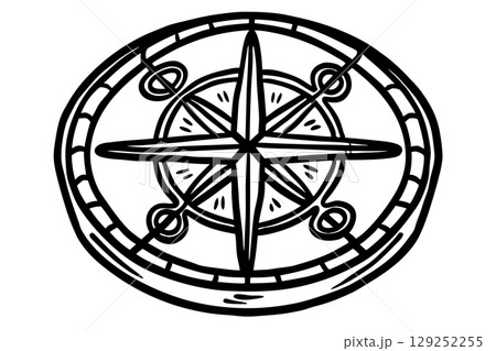 Classic compass rose symbol nautical navigation icon with directional points, hand drawn monochrome design, AI Generative 129252255