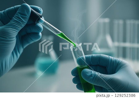 Scientist preparing green chemical solution in laboratory with safety gloves and experimental glassware on table, AI Generative 129252386