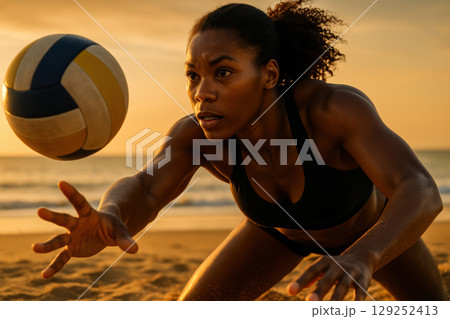 Focused female athlete reaching for volleyball on sandy beach at sunset, demonstrating determination and active outdoor lifestyle, AI Generative 129252413