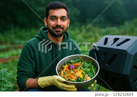 Man holding bowl of fresh vegetable scraps beside outdoor compost bin in lush green garden during eco friendly food waste recycling, AI Generative 129252605