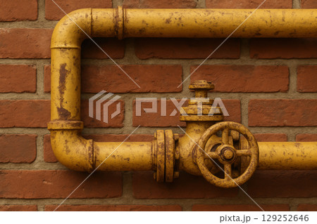 Industrial yellow metal pipe with valve mounted on red brick wall, showing aged texture and urban infrastructure elements, AI Generative Industrial yellow metal pipe with valve mounted on red brick wall, showing aged texture and urban infrastructure elements, AI Generative 129252646