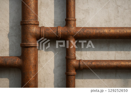 Corroded metal pipes forming an industrial plumbing system against a textured concrete wall, showcasing rust and age, AI Generative 129252650