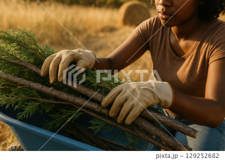Woman in gloves collecting branches and evergreen cuttings outdoors in a field during warm golden hour near harvested hay, AI Generative 129252682